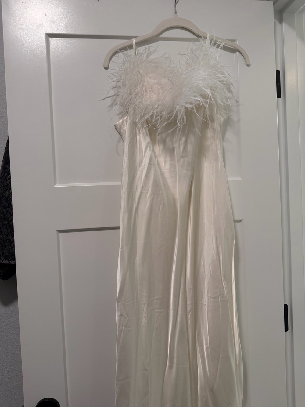 Sleeper Ivory Feather-Trim Satin Maxi Dress
